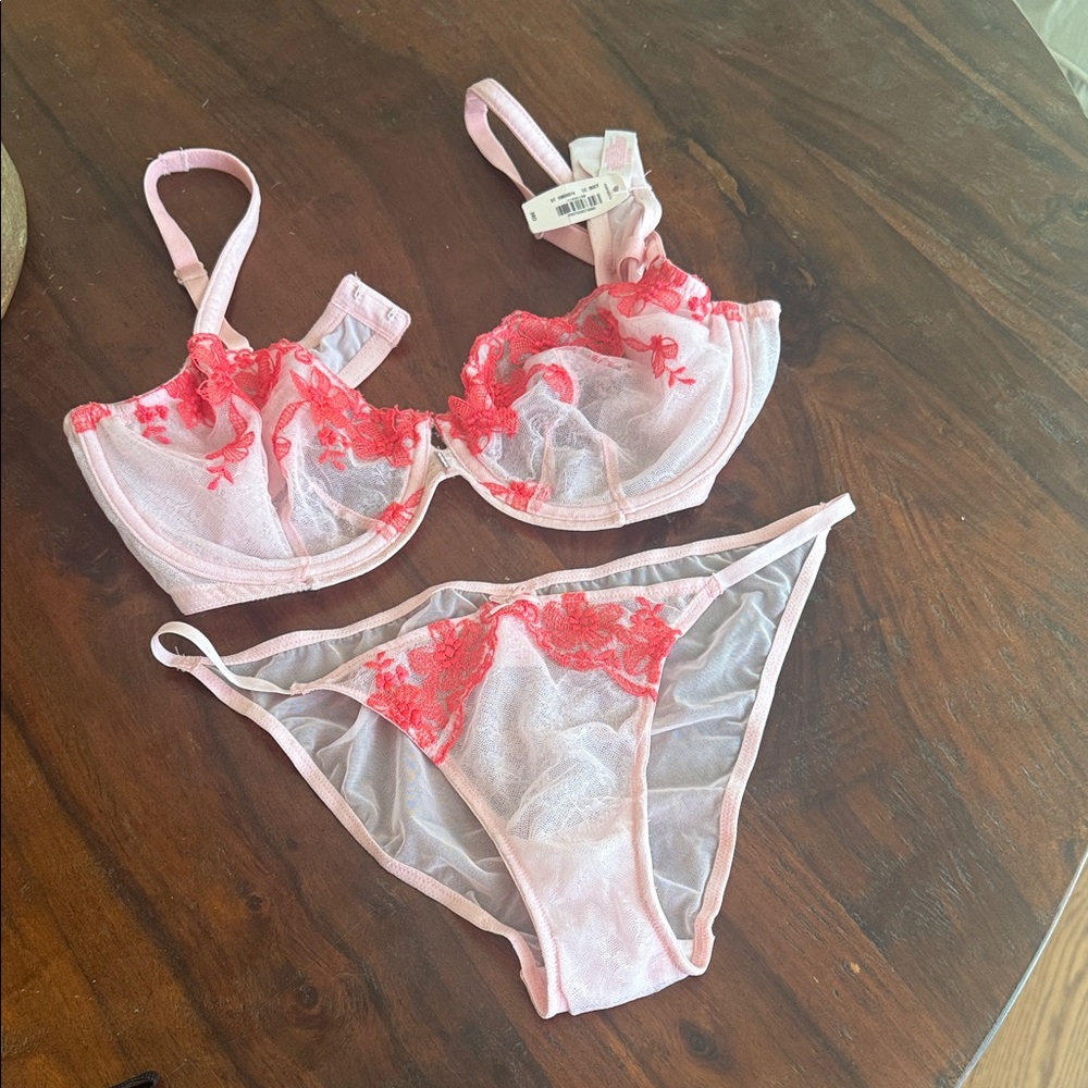 Victoria's Secret Pink Sheer Bra & Coral Embroidered Bikini Set